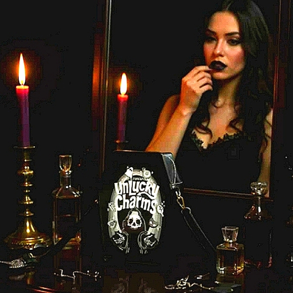 🆕️BLACK UNLUCKY CHARMS CEREAL GOTH VEGAN LEATHER COFFIN ZIPPERED CROSSBODY - Picture 4 of 16